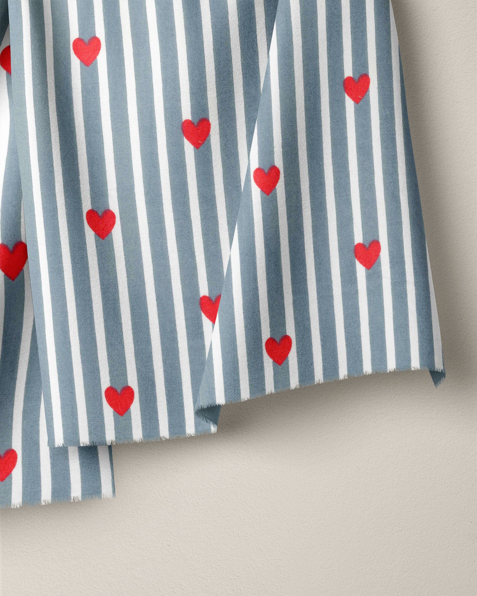 Denim Stripe Red Heart Block Print Cotton - Image 2
