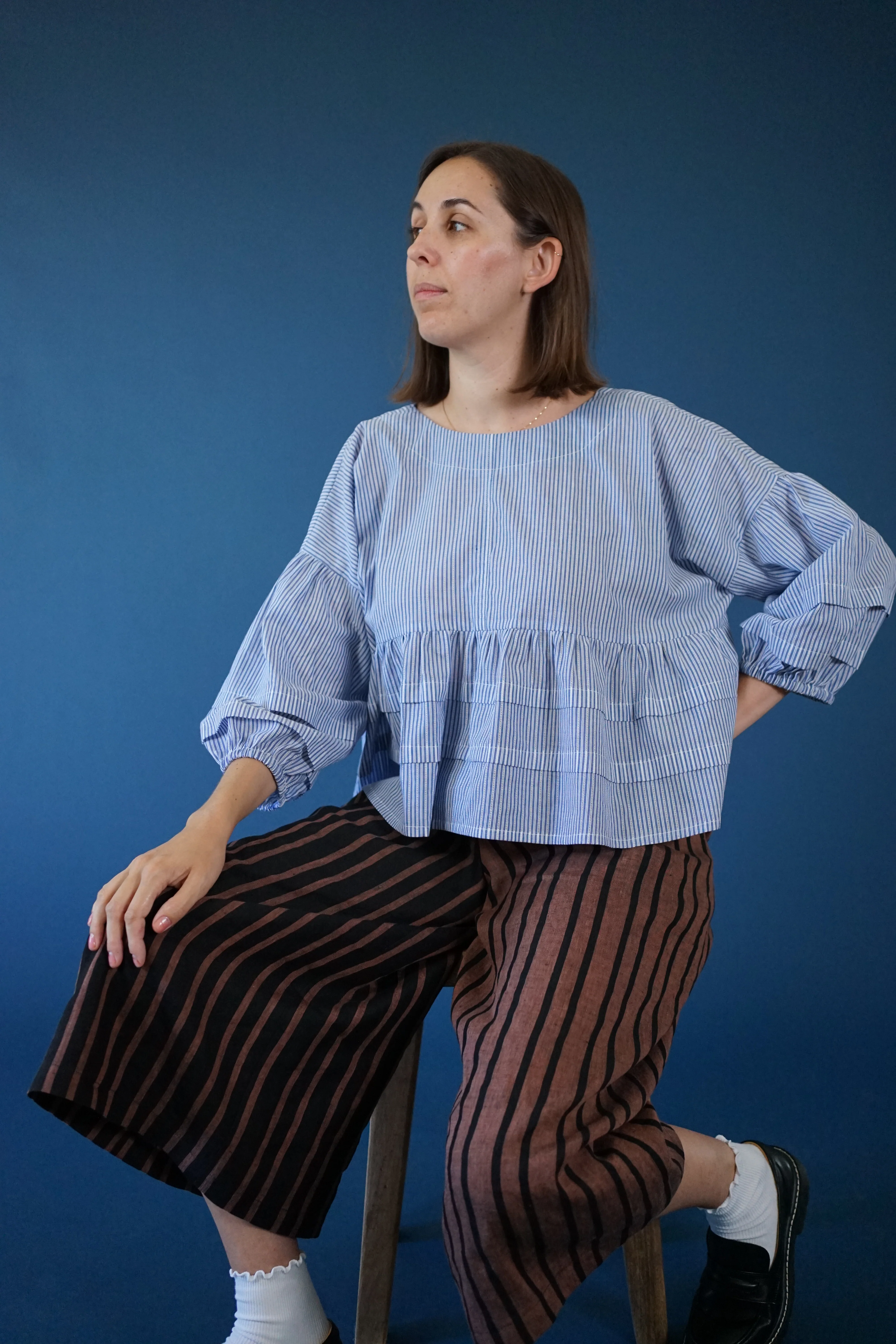 Light Blue Wide Stripe Leno Weave Cotton Shirting - Image 5